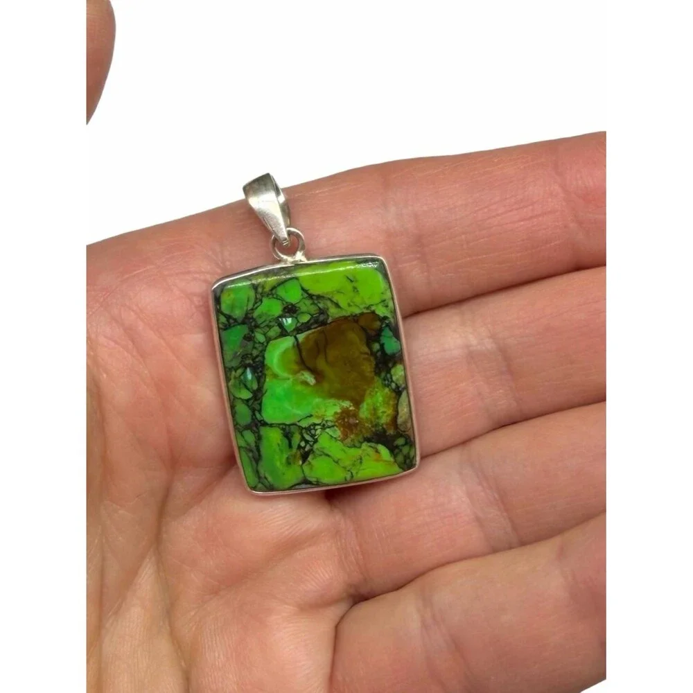 Green Matrix Turquoise Necklace Pendant 925 Solid Sterling Silver Square Stone